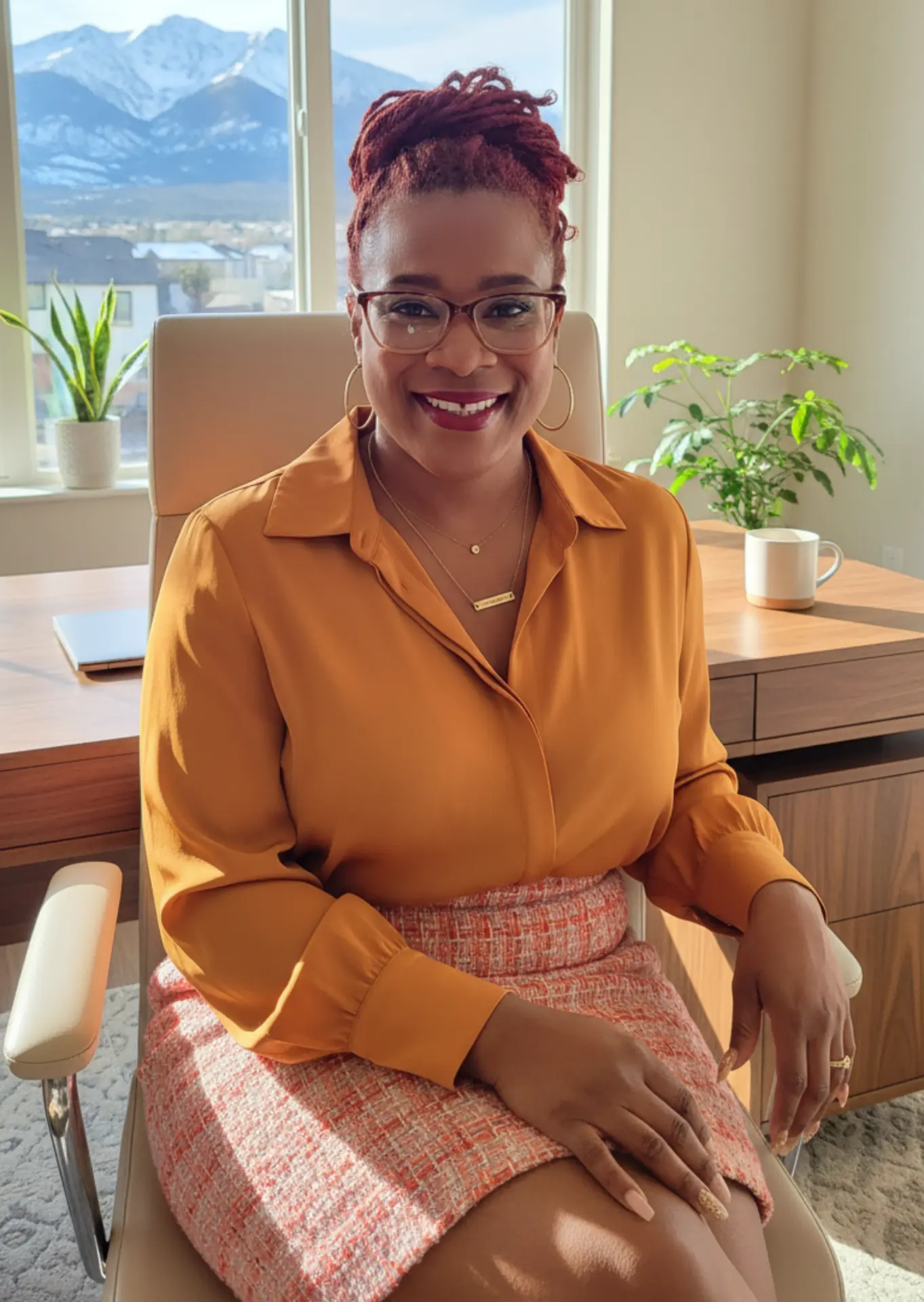 Kreda McCullough seated in her Denver office with mountains in the background